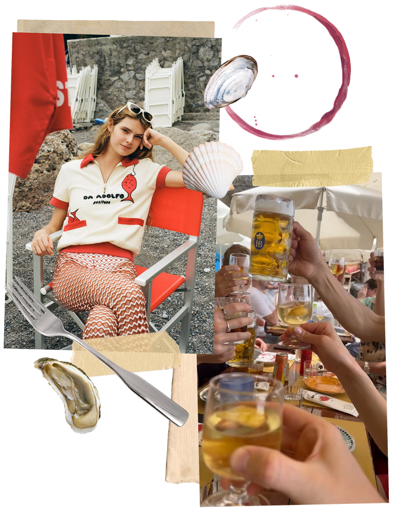 Collage of girl in beach chair wearing Da Adolfo cabana shirt and close up of hands lifting up glasses of beer at lunch table