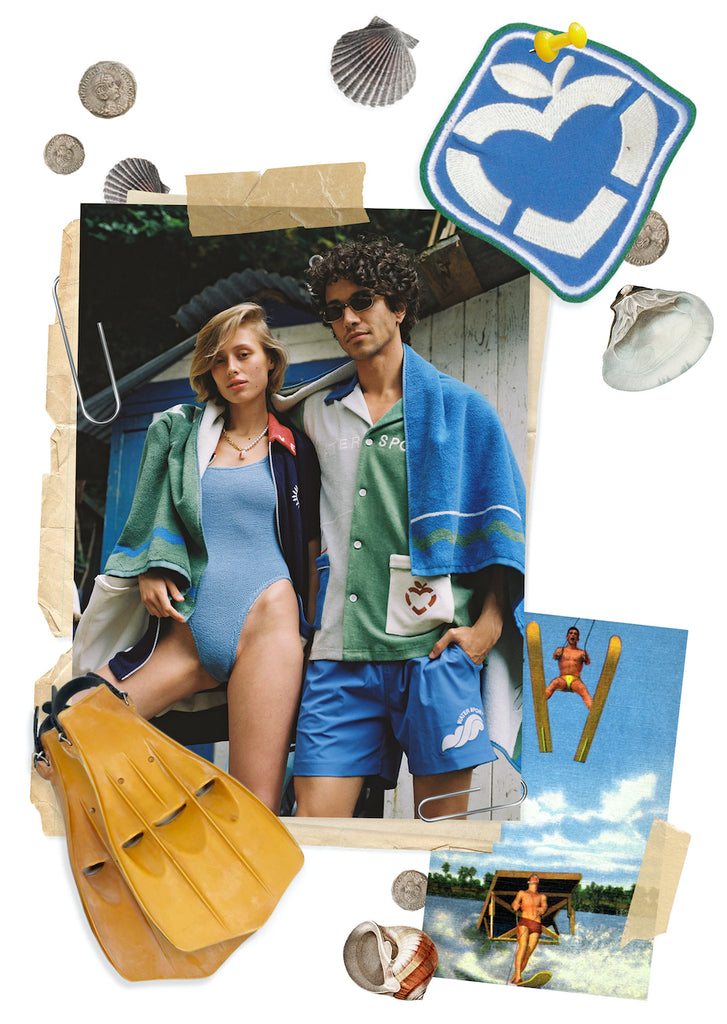 Collage of models wearing Tombolo Hotel Magique sets and archive water skiers