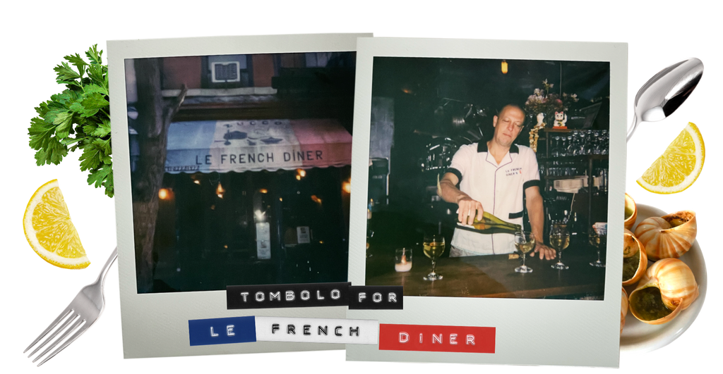 Tombolo for Le French Diner polaroids of the restaurant exterior and Pierre pouring wine