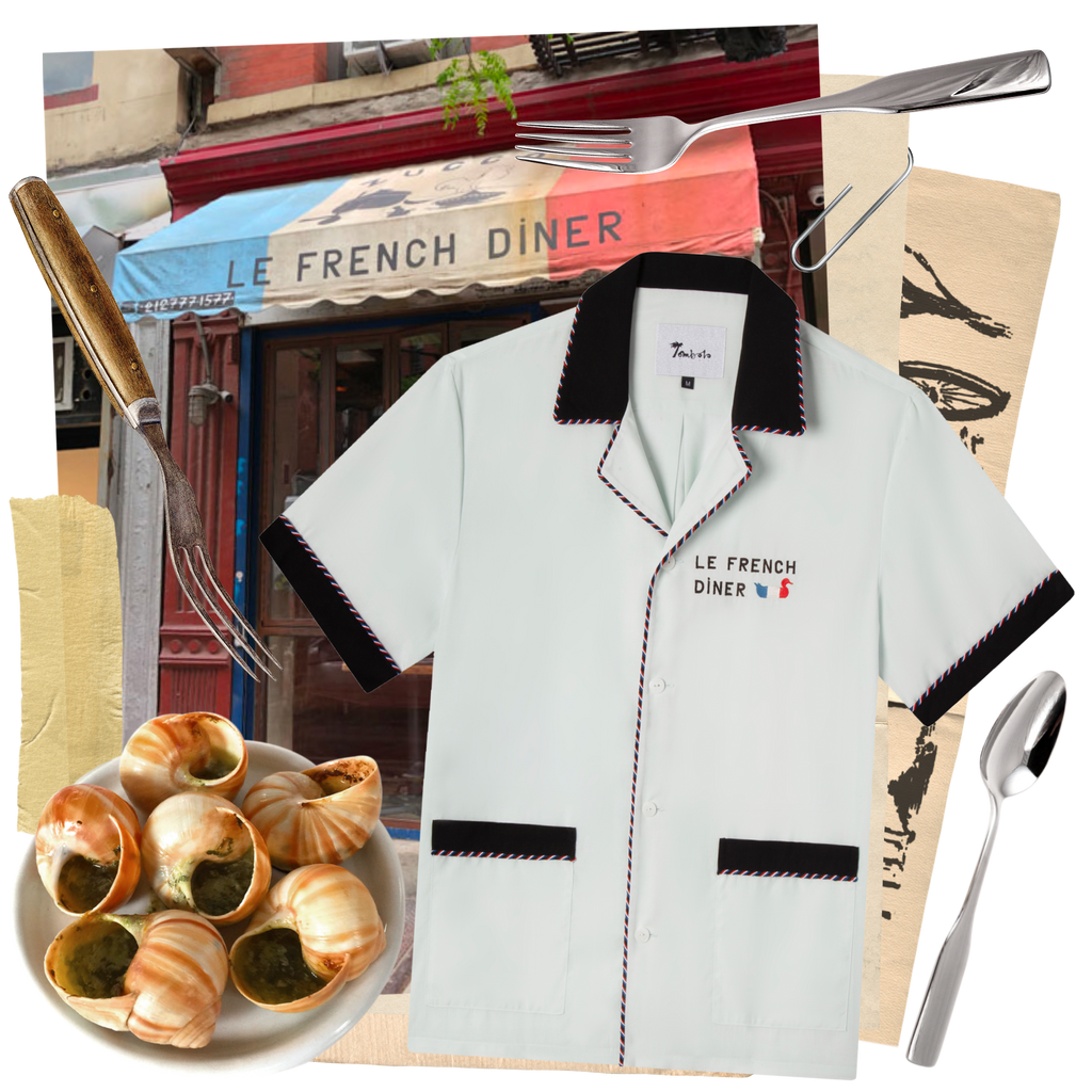 Le french diner shirt with picture of restaurant exterior and a plate of escargots