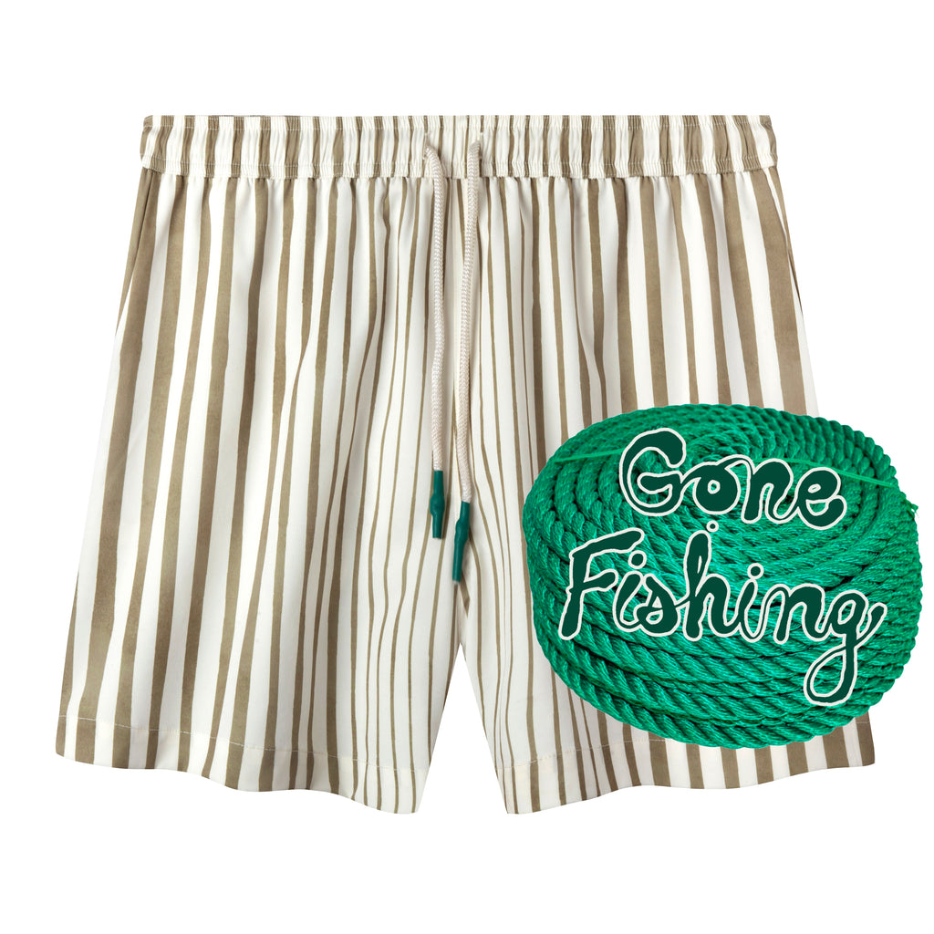 Striper Green swim trunks Gone Fishing