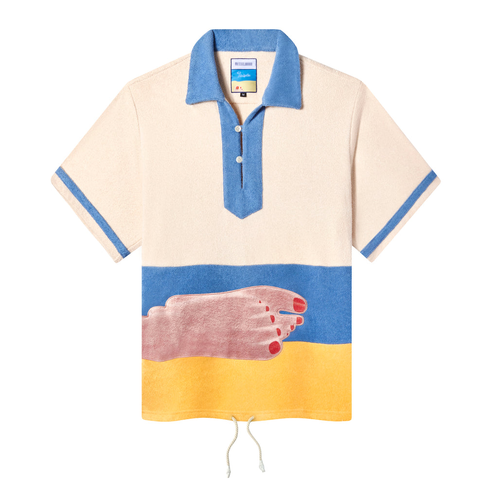 Terry cloth shirt based on Seascape #4 by Tom Wesselmann with yellow and blue panels behind embroidered feet with red toenails
