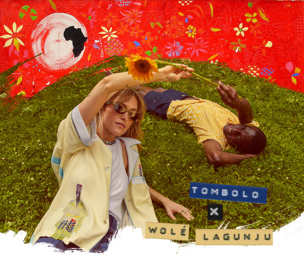 Tombolo x Wole Lagunju with models wearing Tombolo shirts laying in grass field