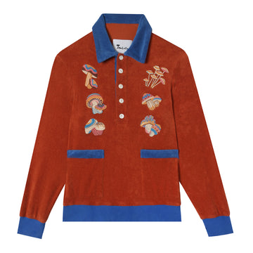 lay flat product photo of the red and blue Mushroom Embroidered Terrycloth Long-Sleeve Shirt 
