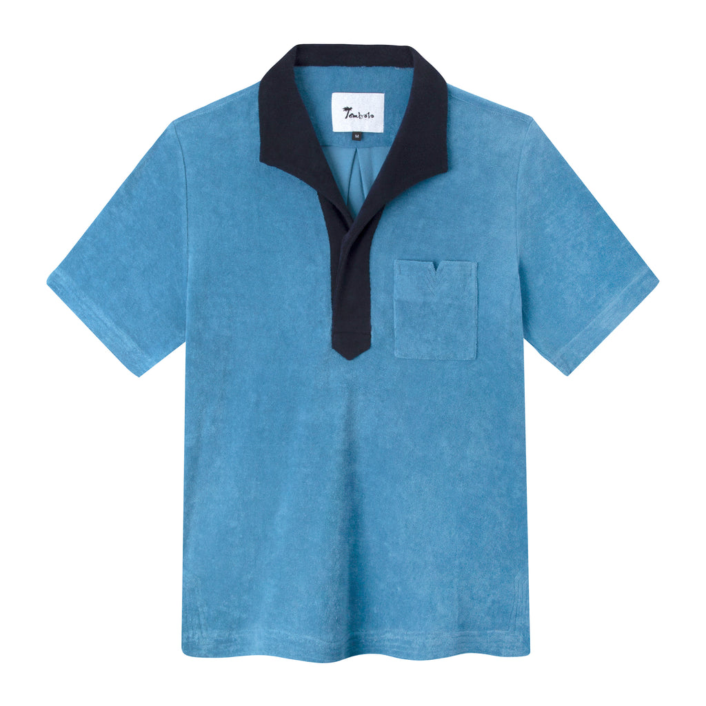 Front view of the blue polo with a navy collar