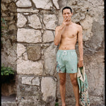 Male model wearing swim trunks and sandals smoking a cigarette