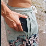Close up of a male model showing zippered side pocket concealed on right side seam 