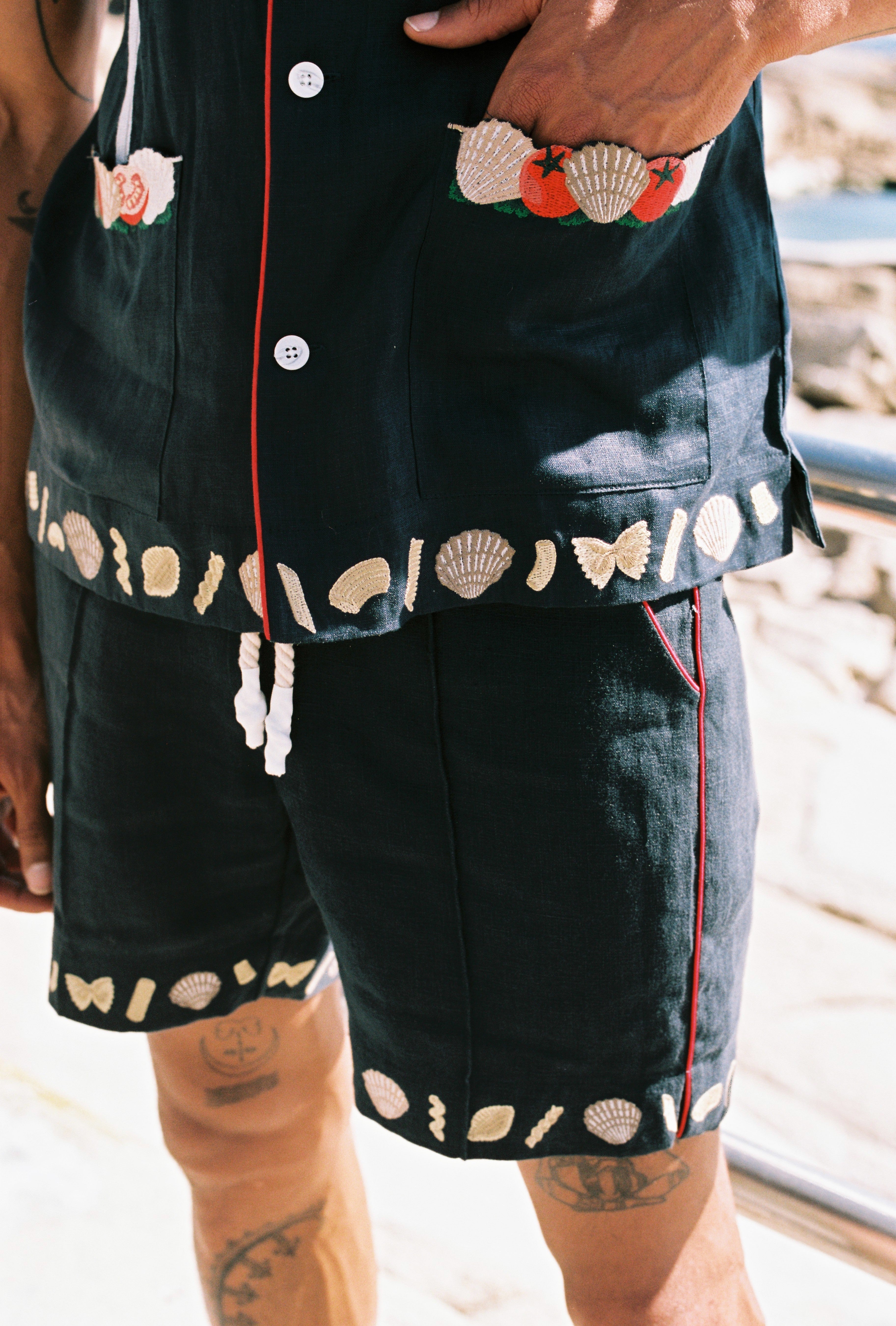 Close up of the bottom right quadrant of shirt with male model sticking his hand in front pocket