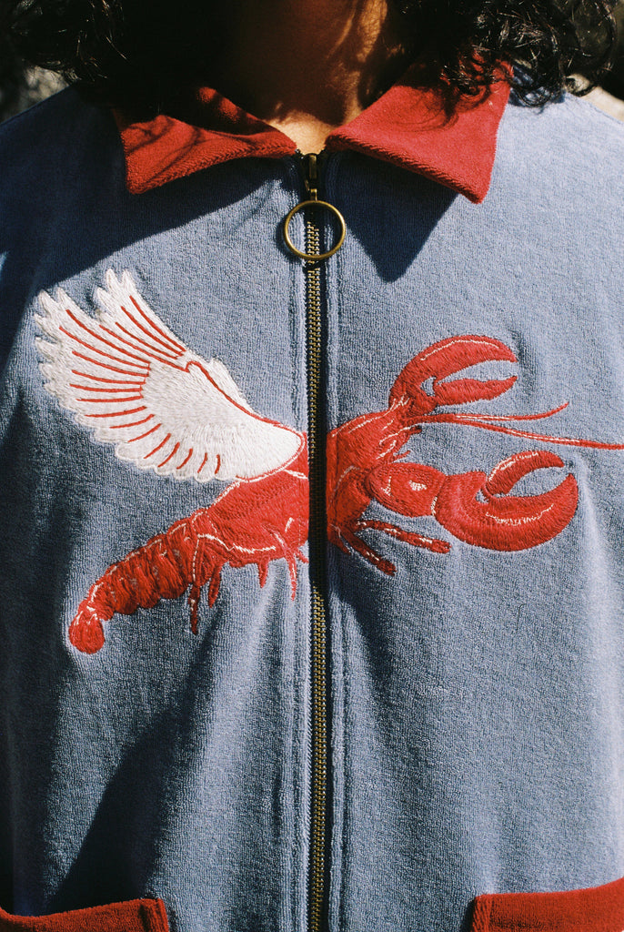 Close up of embroidered lobster with wings on chest