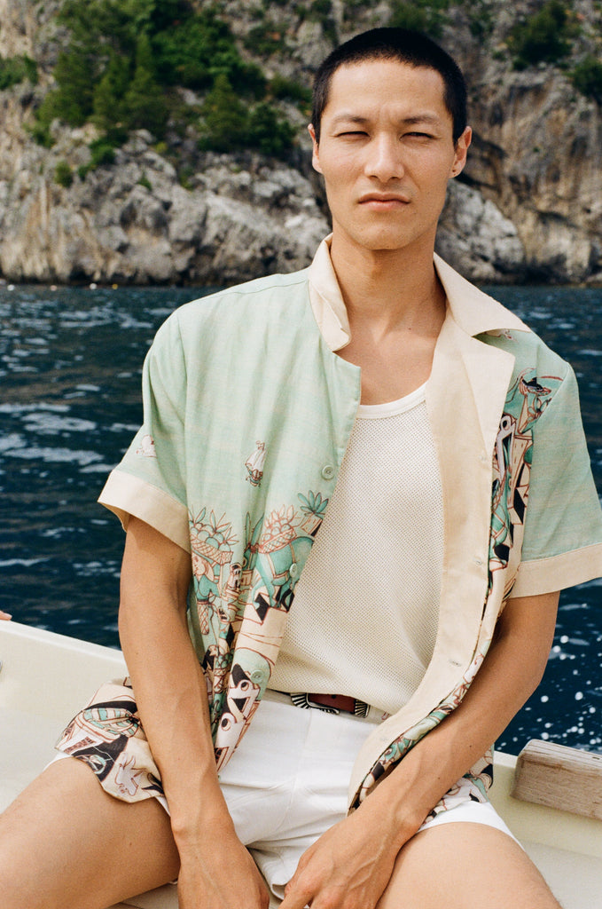 Man wearing unbuttoned Liguori shirt with collar popped