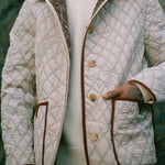 Hand inside pocket of off white reversible jacket