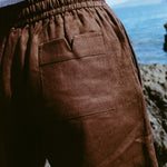 Detailed shot of the back pocket on the brown linen shorts. These feature the classic Tombolo pocket detail, with a V slit in the middle. 