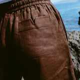 Detailed shot of the back pocket on the brown linen shorts. These feature the classic Tombolo pocket detail, with a V slit in the middle. 