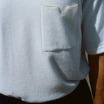 Close up image of the terry cloth fabric and the front pocket, featuring a v-notch. 
