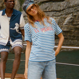 Woman in a striped shirt and denim shorts sitting on a boat with a man in the background.