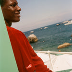 Man in a red shirt sitting by a body of water with boats and rocks.