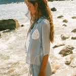 Image of woman holding her hair up, wearing a light blue sand dollar bikini shirt and matching skirt, standing by the ocean.