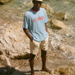 Man standing on rocks by the sea wearing a striped Le Sirenuse shirt.