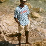 Man standing on rocks by the sea wearing a striped Le Sirenuse shirt.