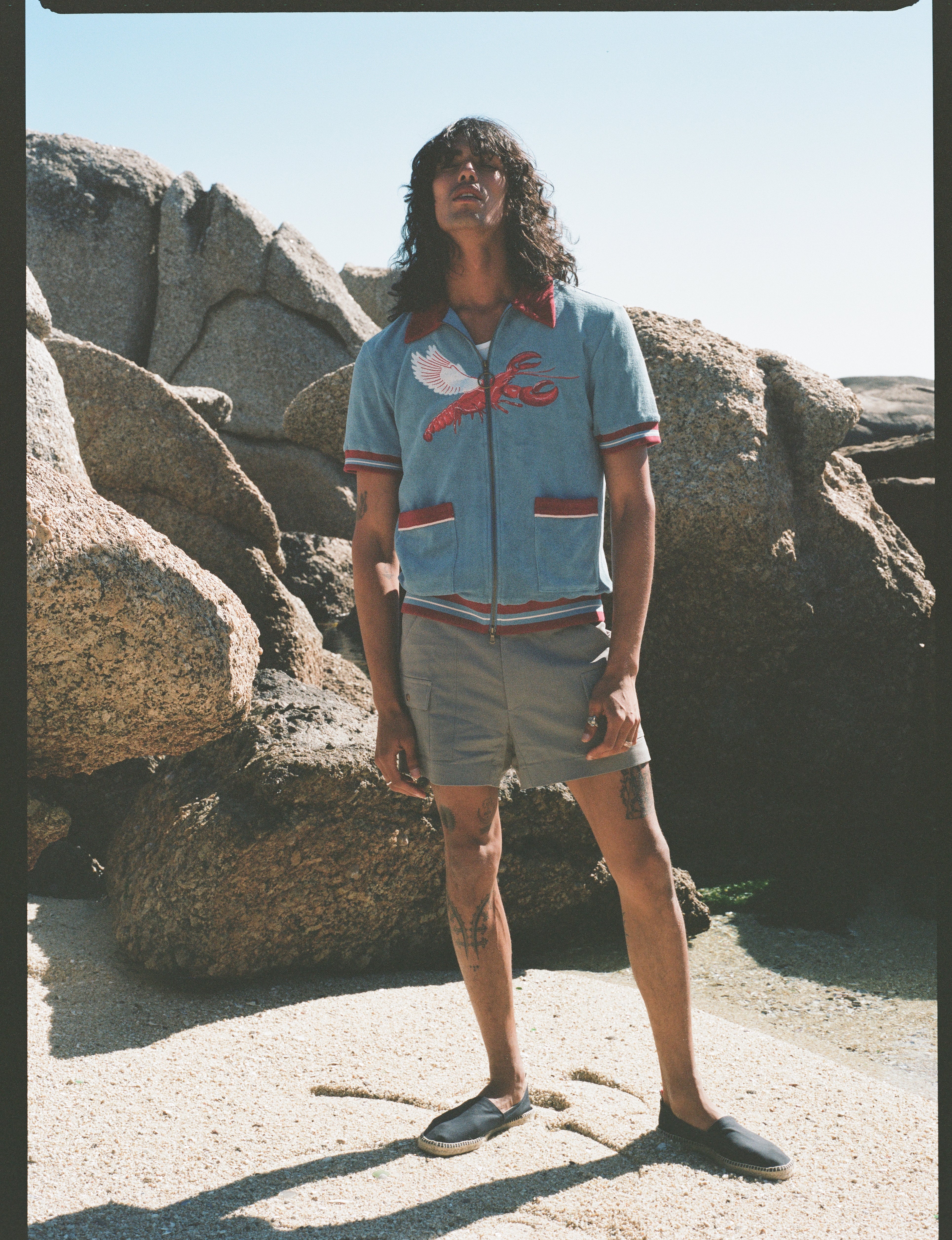 Male model with long black hair wearing blue cabana shirt with lobster standing in front of large boulders wearing gray shorts