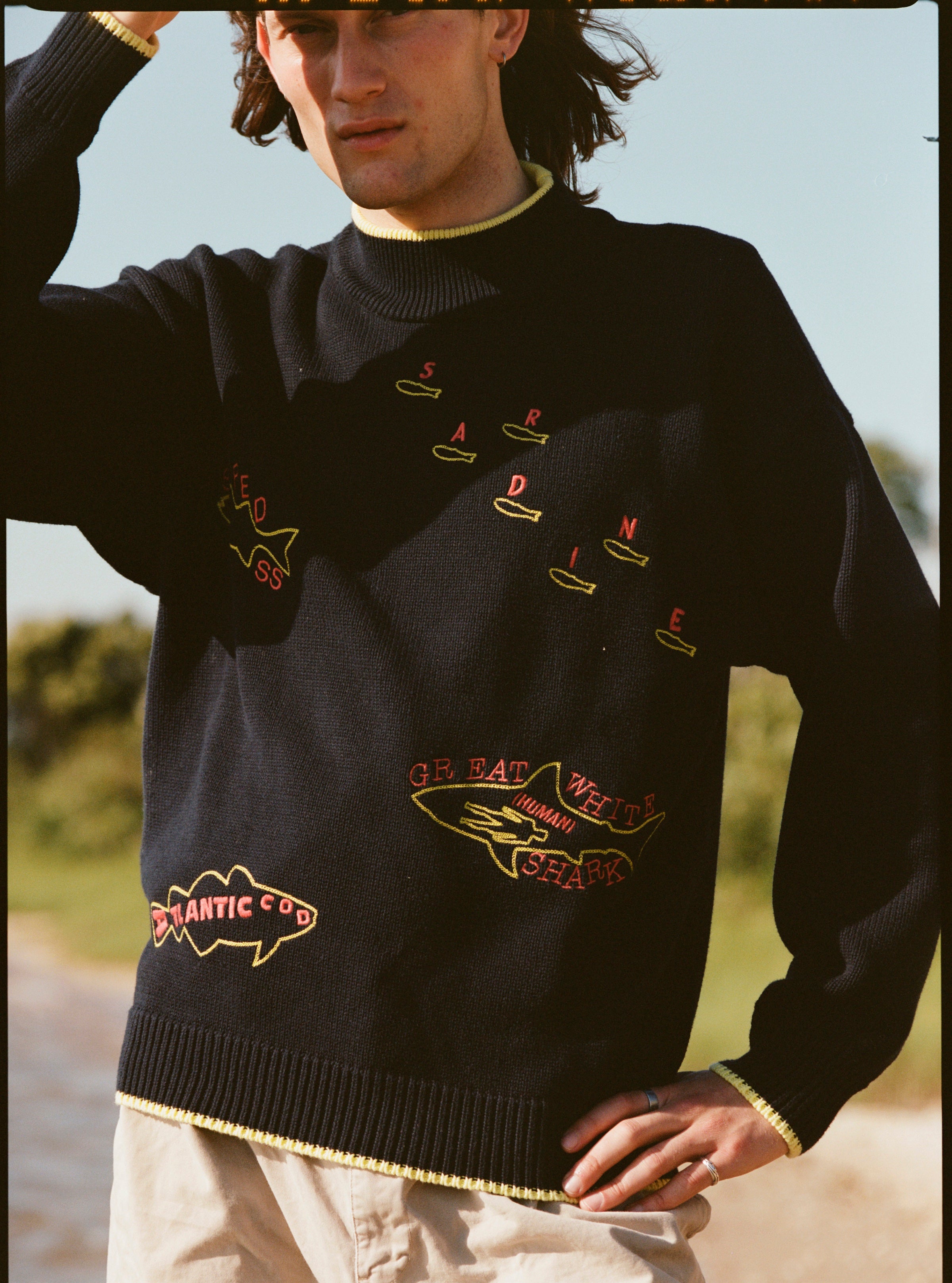 A man wearing a navy knit sweater with yellow trim at the collar, cuffs, and hem. The sweater features playful, embroidered fish outlines with red lettering, including “Sardine” scattered across the chest, “Atlantic Cod” near the hem, and “Great White Shark (Human!)” on the lower torso. 