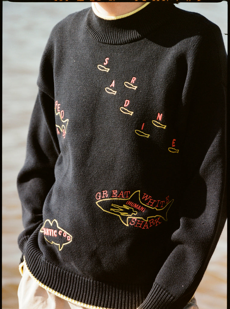 A person wearing a navy knit sweater with yellow trim at the collar, cuffs, and hem. The sweater features playful, embroidered fish outlines with red lettering, including “Sardine” scattered across the chest, “Atlantic Cod” near the hem, and “Great White Shark (Human!)” on the lower torso. 