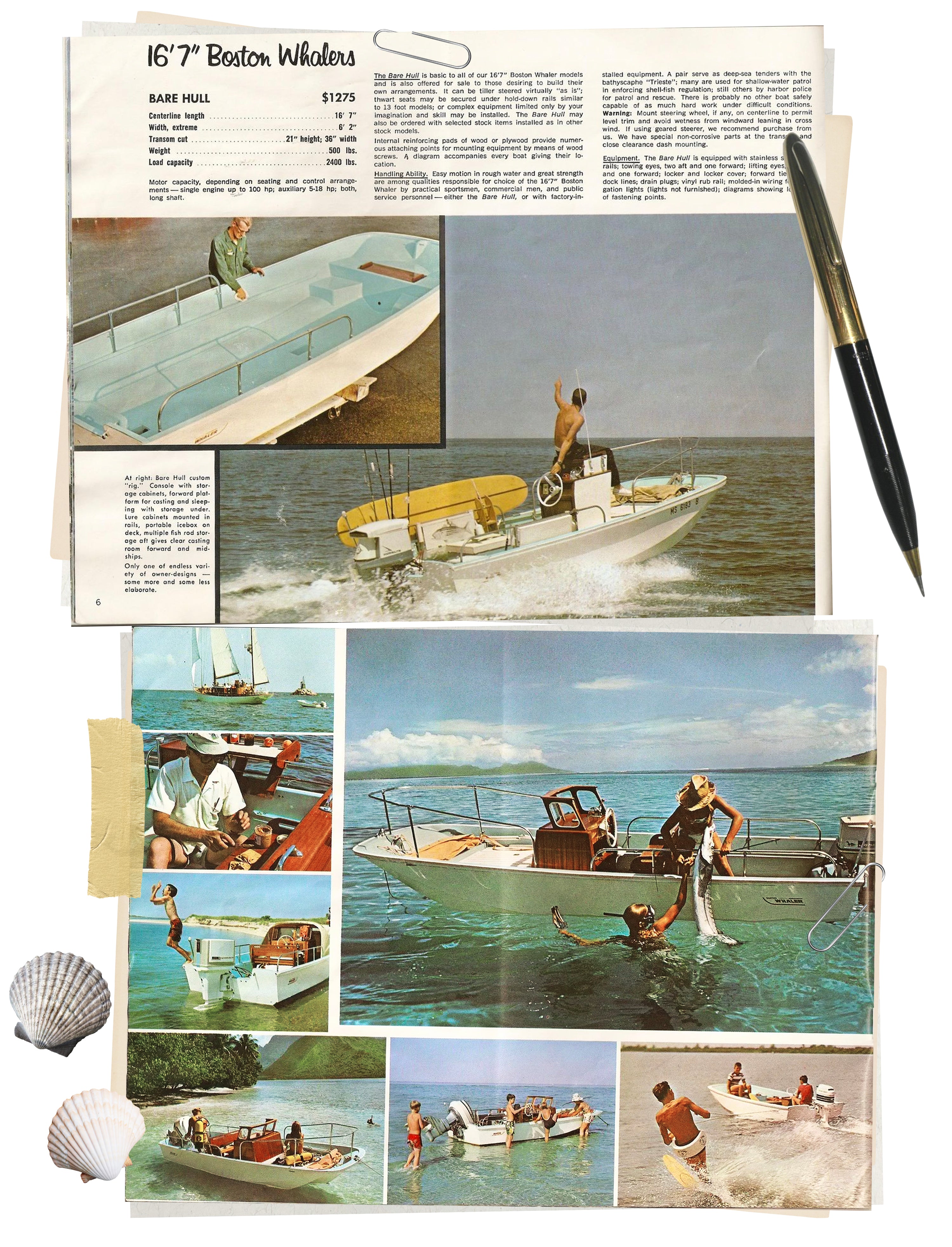 Vintage advertisement for a boat featuring images of people on a boat and text.