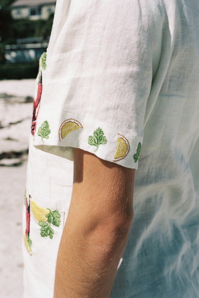 close up of side view of sleeved, showing emboridered lemons and leaf motifs