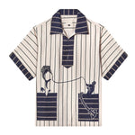 Front lay flat view of stripe tease top with nayv and beige stripes and contrast pockets