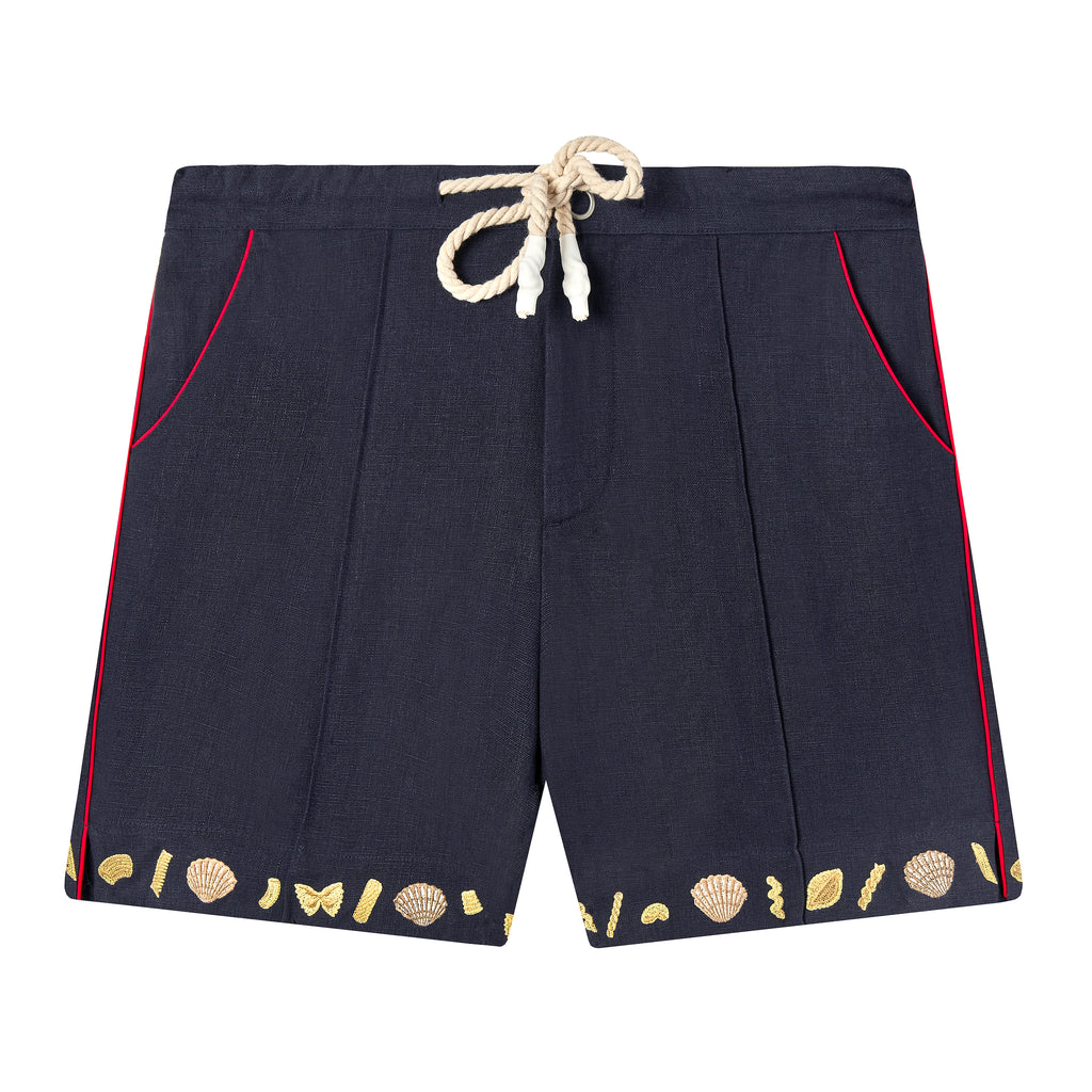 Navy Blue Tombolo Linen vongole shorts with embroidered clamshells, pasta shapes and red piping