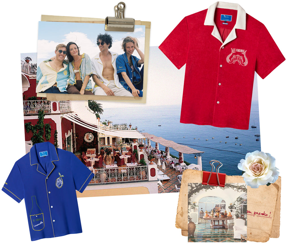 Collage of Older Tombolo Le Sirenuse shirts with establishing photo of ocean and Le Sirenuse restaurant balcony