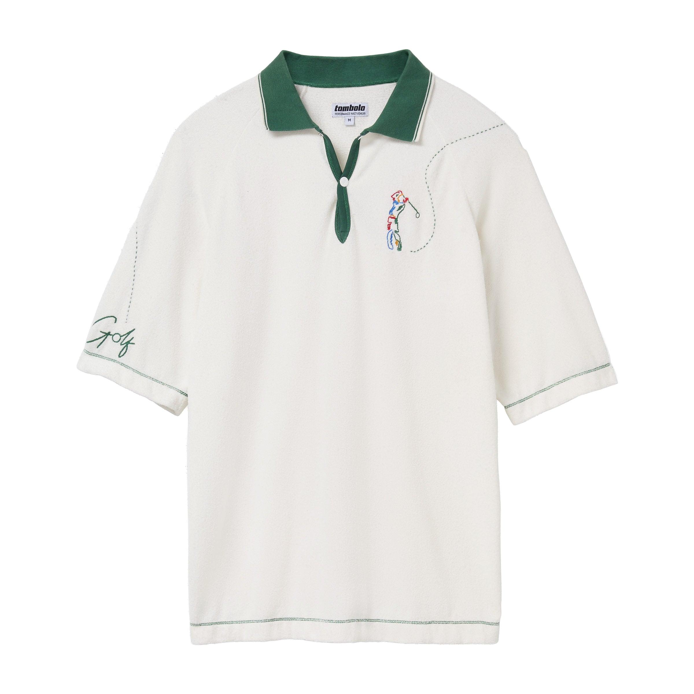 White terry cloth polo shirt with a forest green collar, placket, and stitching. Features an embroidered golfer on the left chest swinging a club, with a dotted line tracing the ball’s path. The left sleeve has green script embroidery reading 'Golf'.