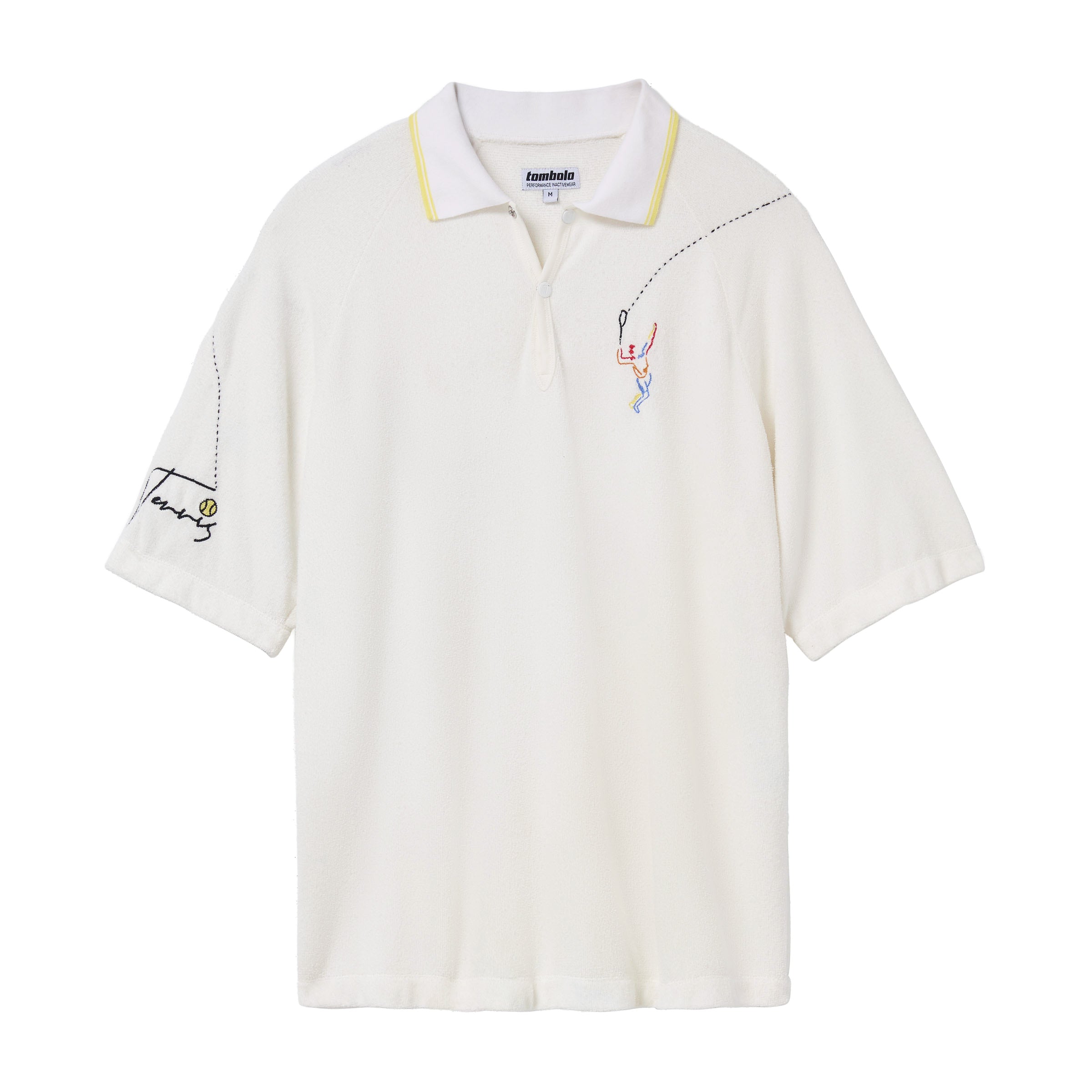 White terry cloth polo shirt with a yellow-trimmed collar. Features embroidered tennis player on the left chest and the word 'Tennis' with a small ball on the left sleeve. Dotted lines trail from the racket to the sleeve embroidery.