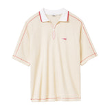 Beige polo shirt with red accents on a white background