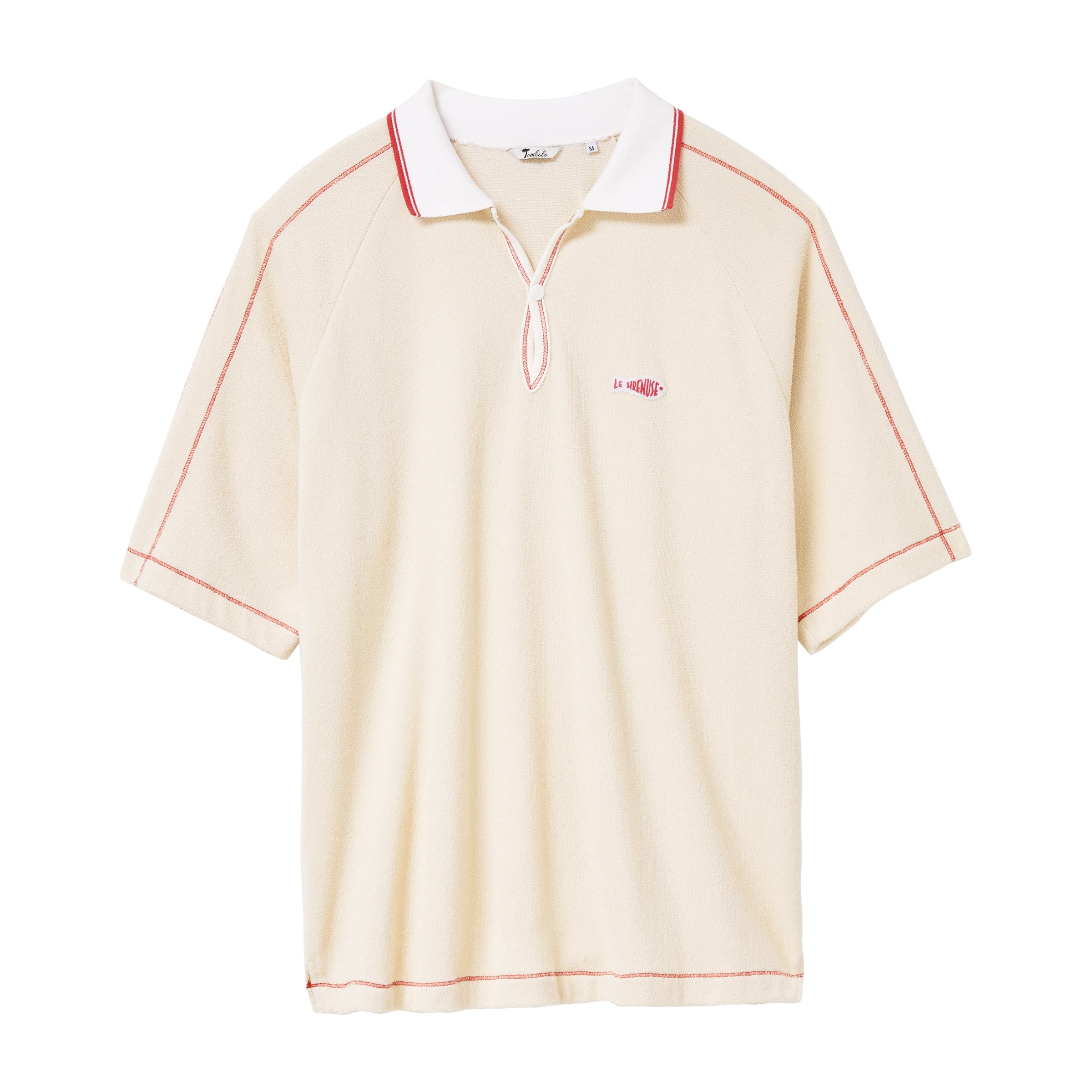 Beige polo shirt with red accents on a white background