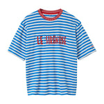 Blue and white striped t-shirt with red text 'LE SIRENEUSE' on a white background