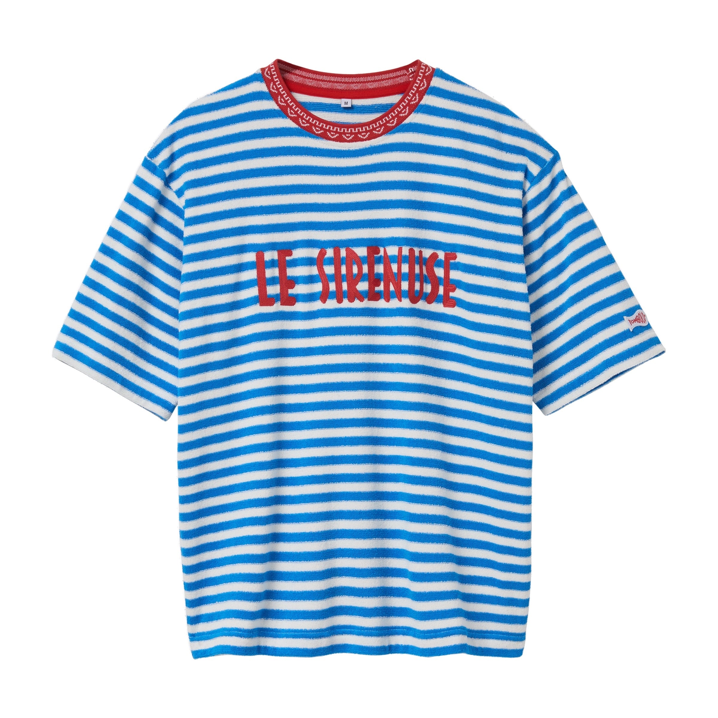 Blue and white striped t-shirt with red text 'LE SIRENEUSE' on a white background