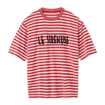 Red and white striped t-shirt with 'LE SIRENUSE' text on a white background