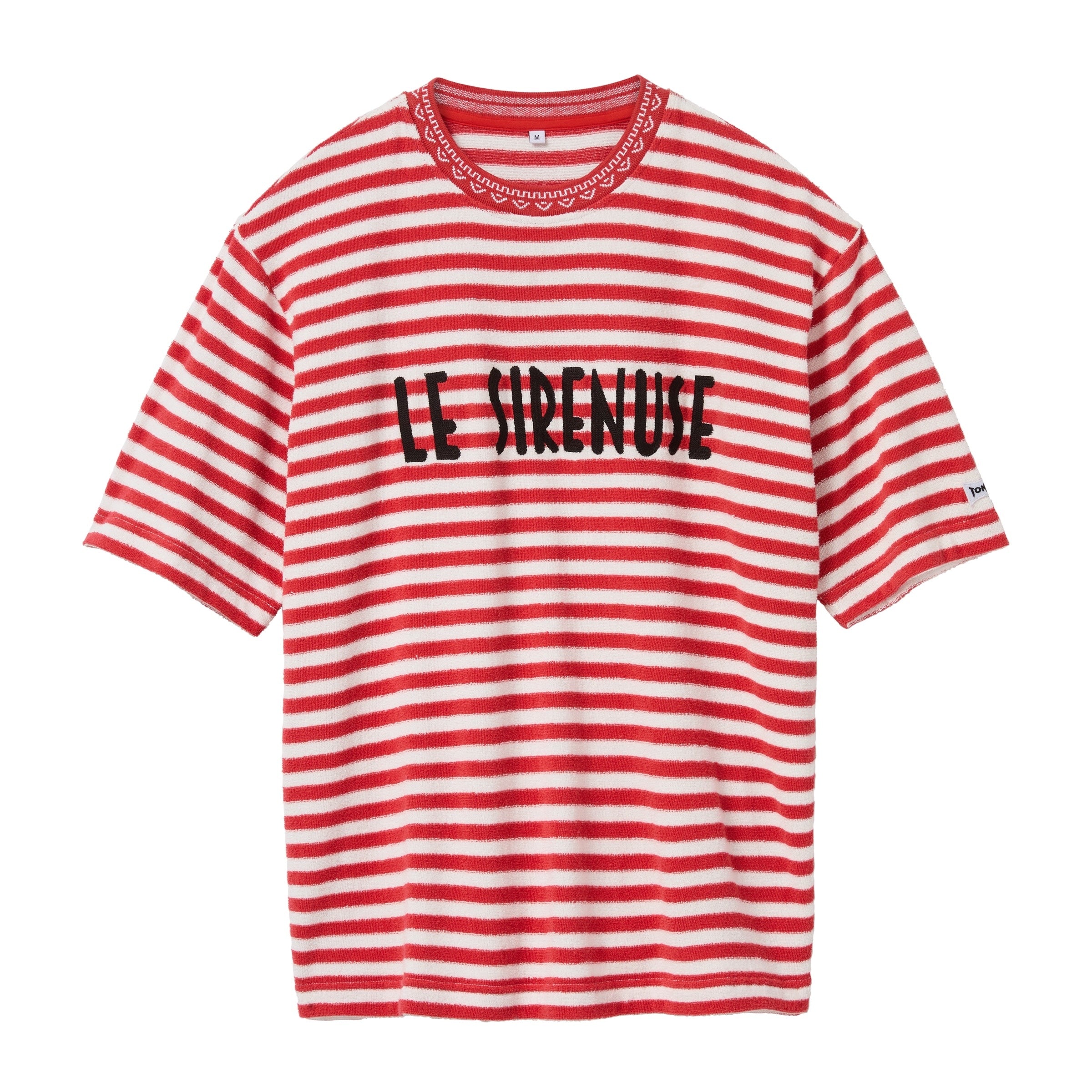 Red and white striped t-shirt with 'LE SIRENUSE' text on a white background
