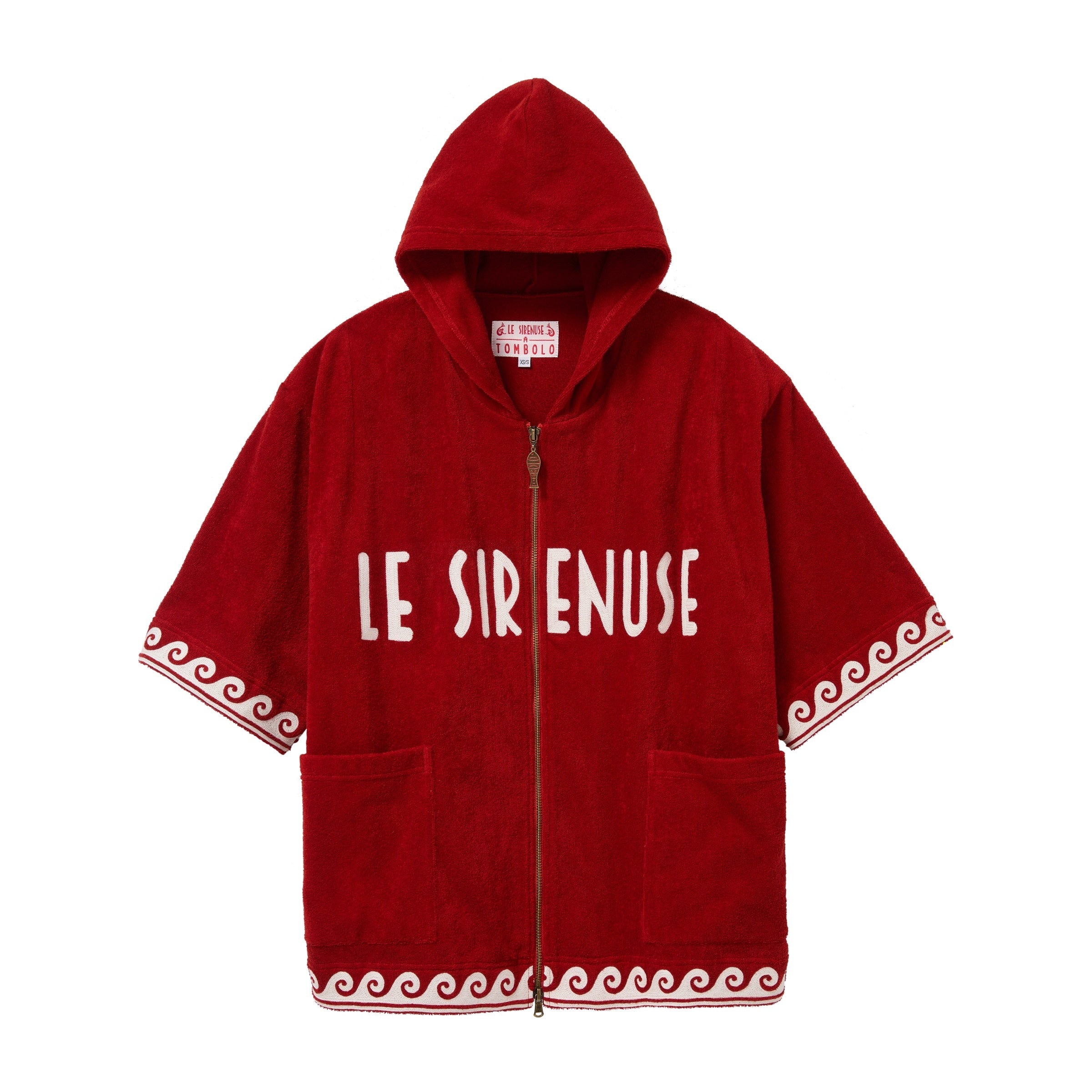 Red beach towel top with 'LE SIRENUSE' text on a white background