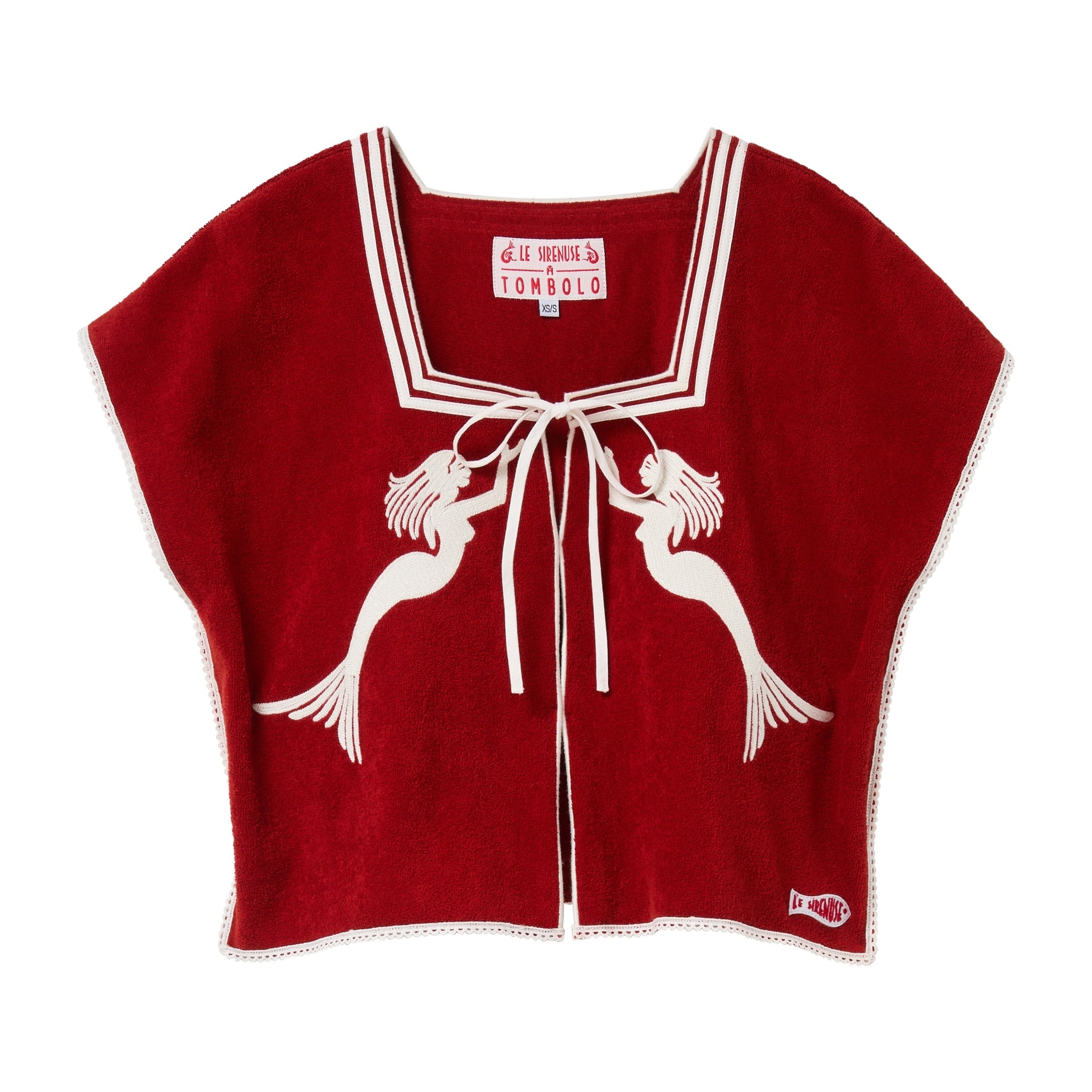 Red top with white trim and mermaid design on a white background