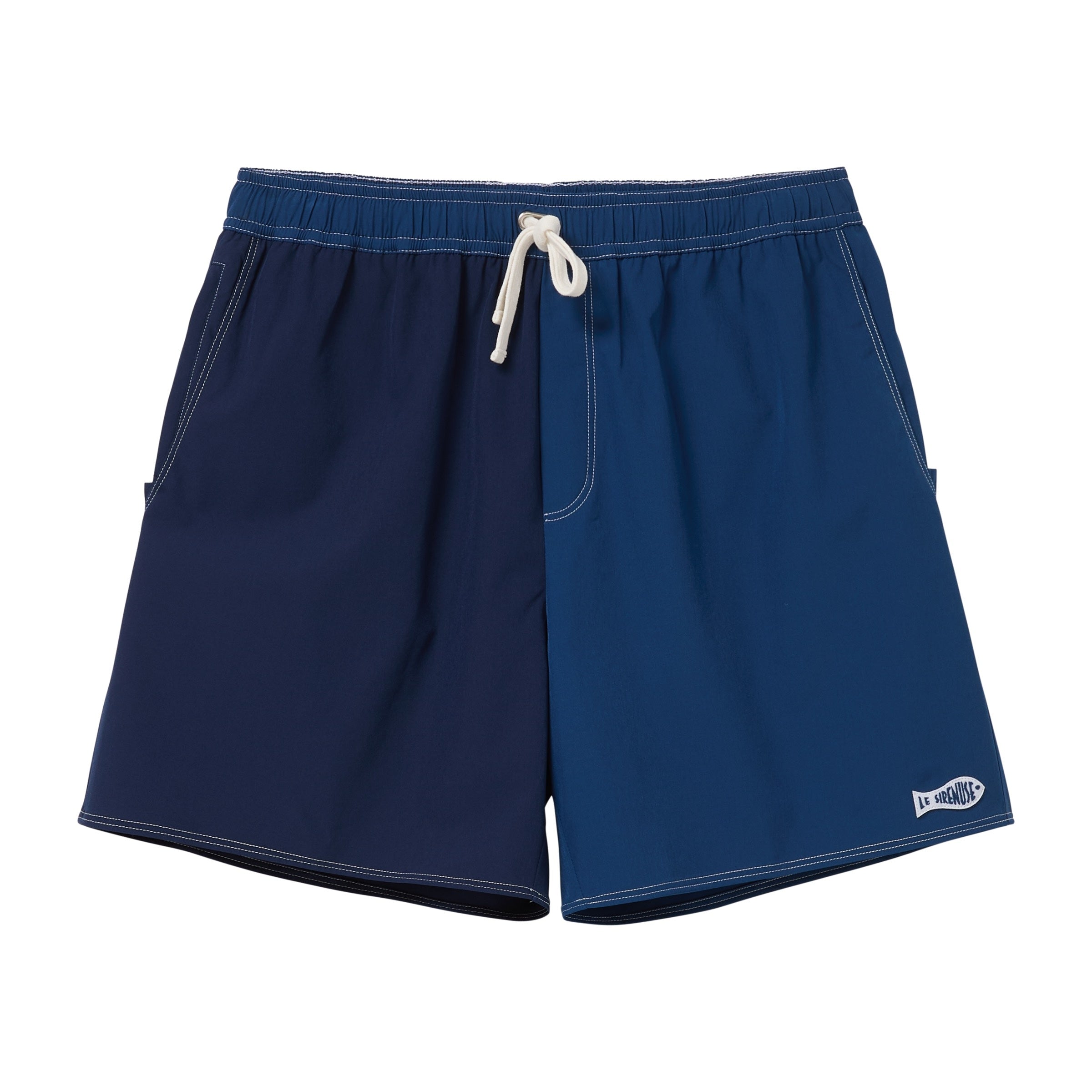 Navy blue swim trunks with a white drawstring on a white background