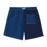 Back side of blue swim trunks.