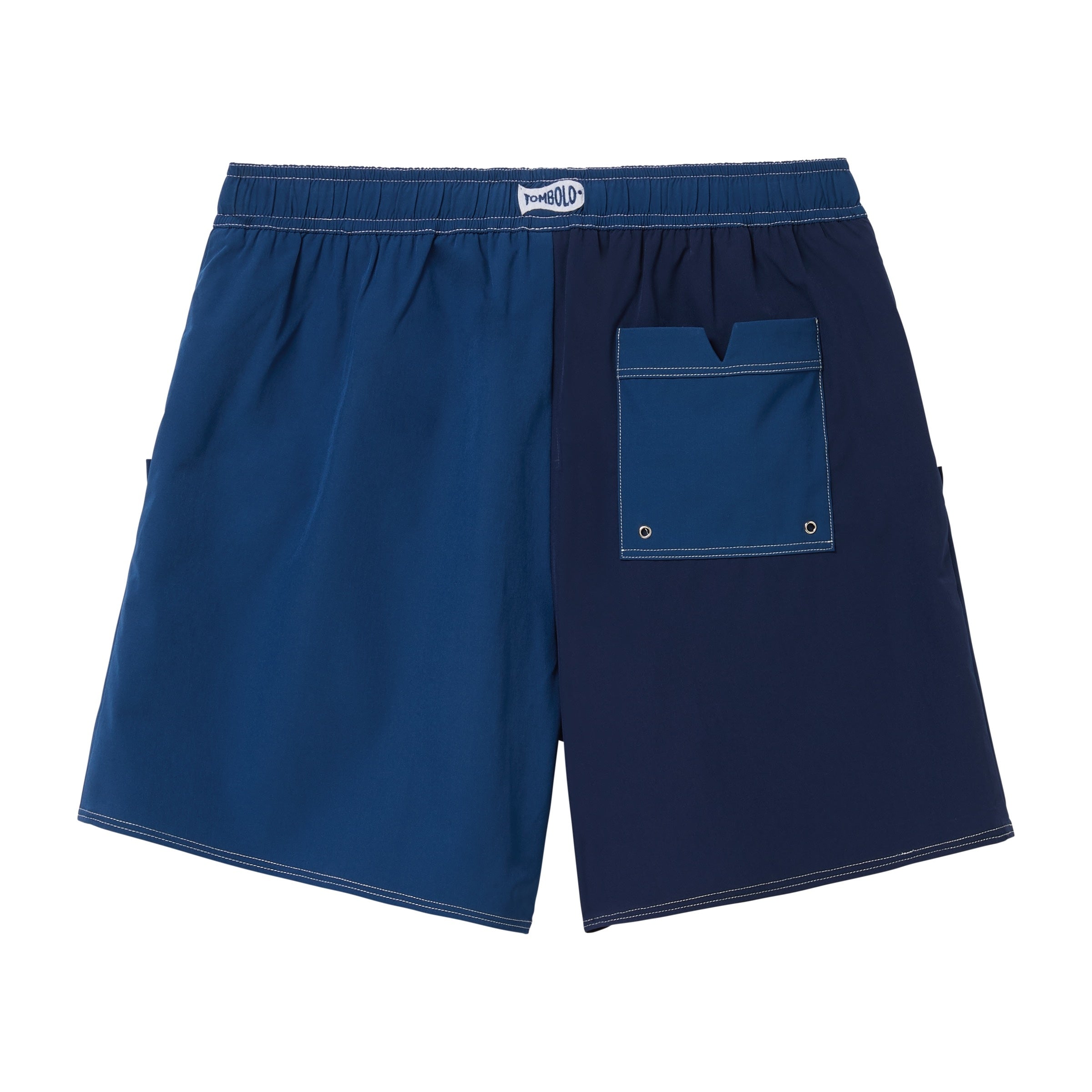 Back side of blue swim trunks.