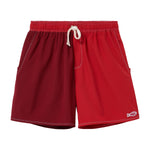Red swim trunks with a white drawstring on a white background