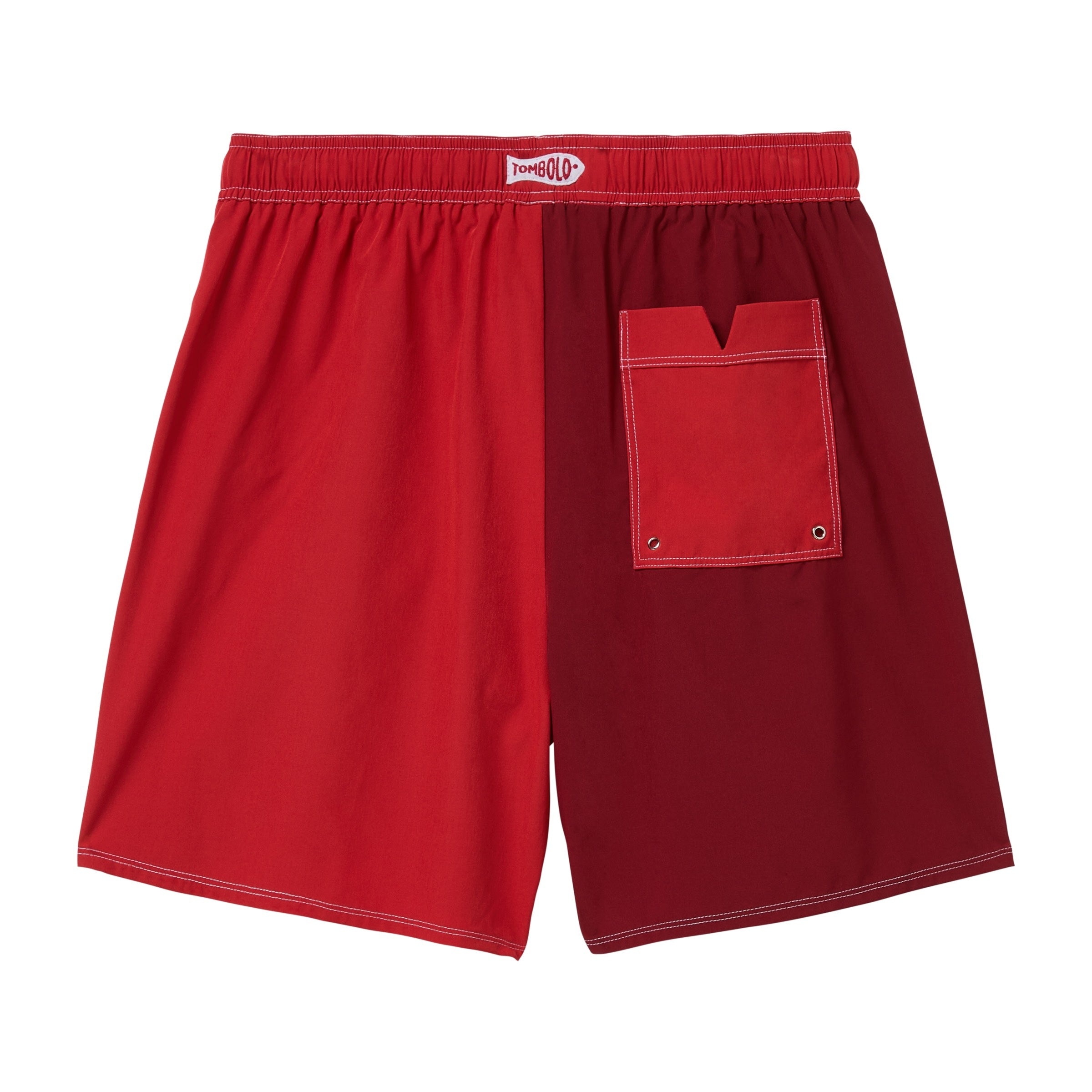Back of red swim trunks. 