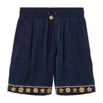 Navy blue shorts with gold starfish patterns on a white background