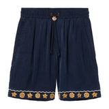 Navy blue shorts with gold starfish patterns on a white background