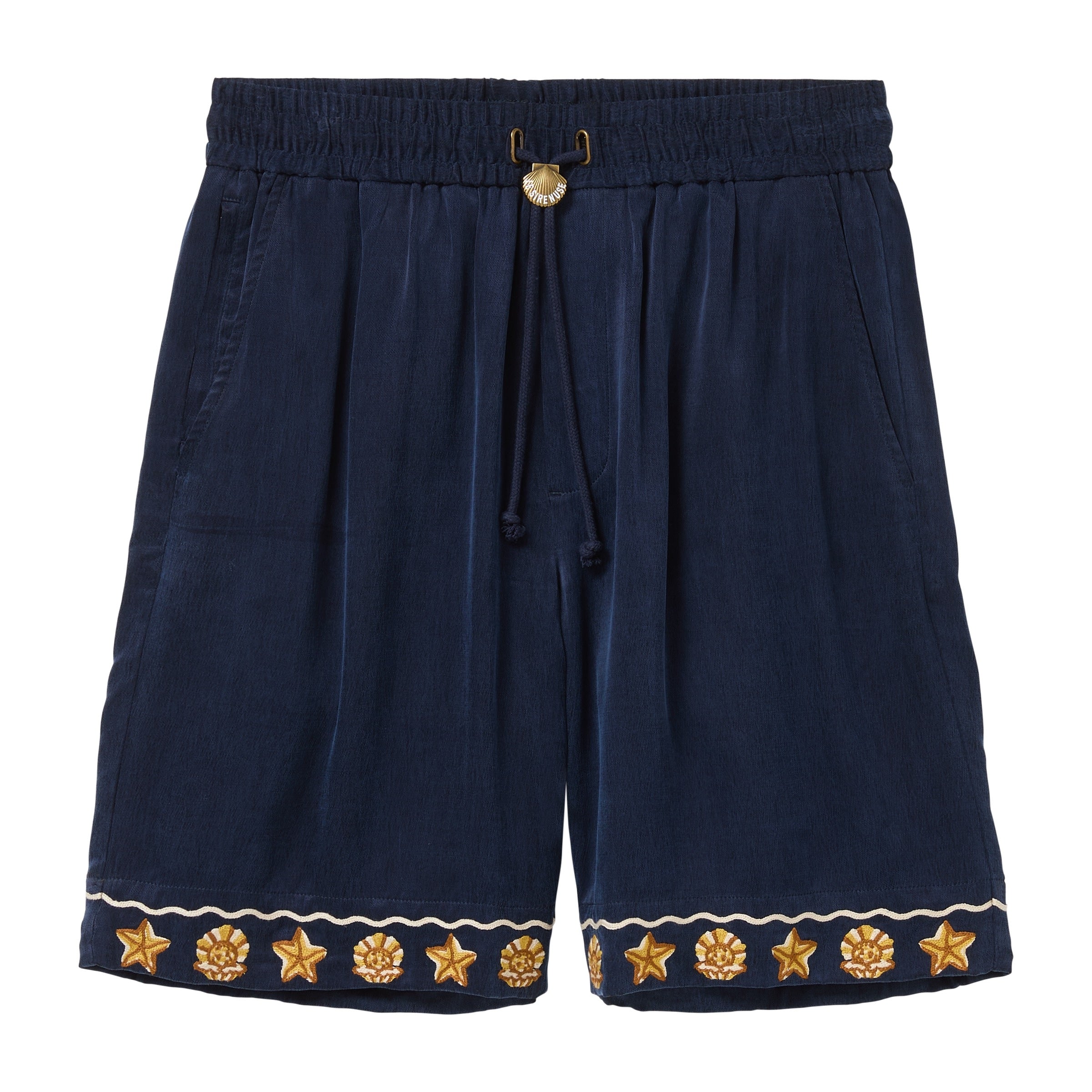 Navy blue shorts with gold starfish patterns on a white background