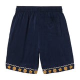 Navy shorts with gold starfish patterns on a white background